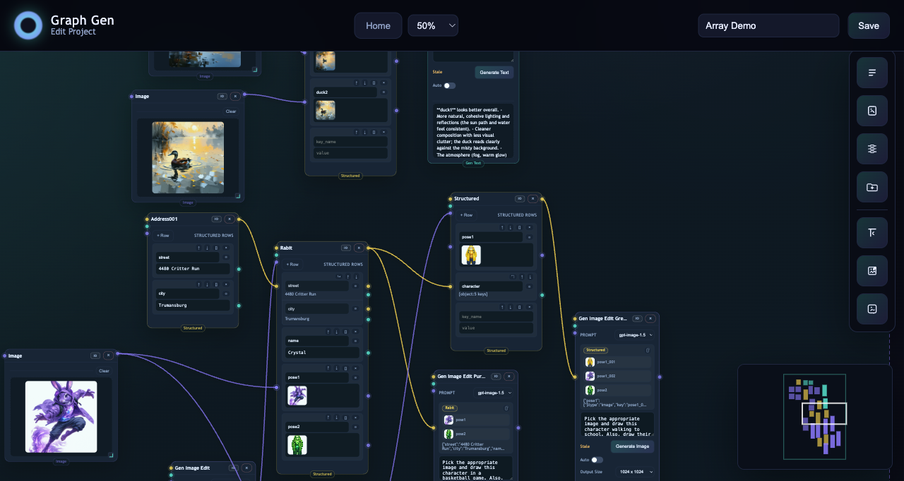 ThreaderGen graph canvas showing array text and image flows between connected nodes.