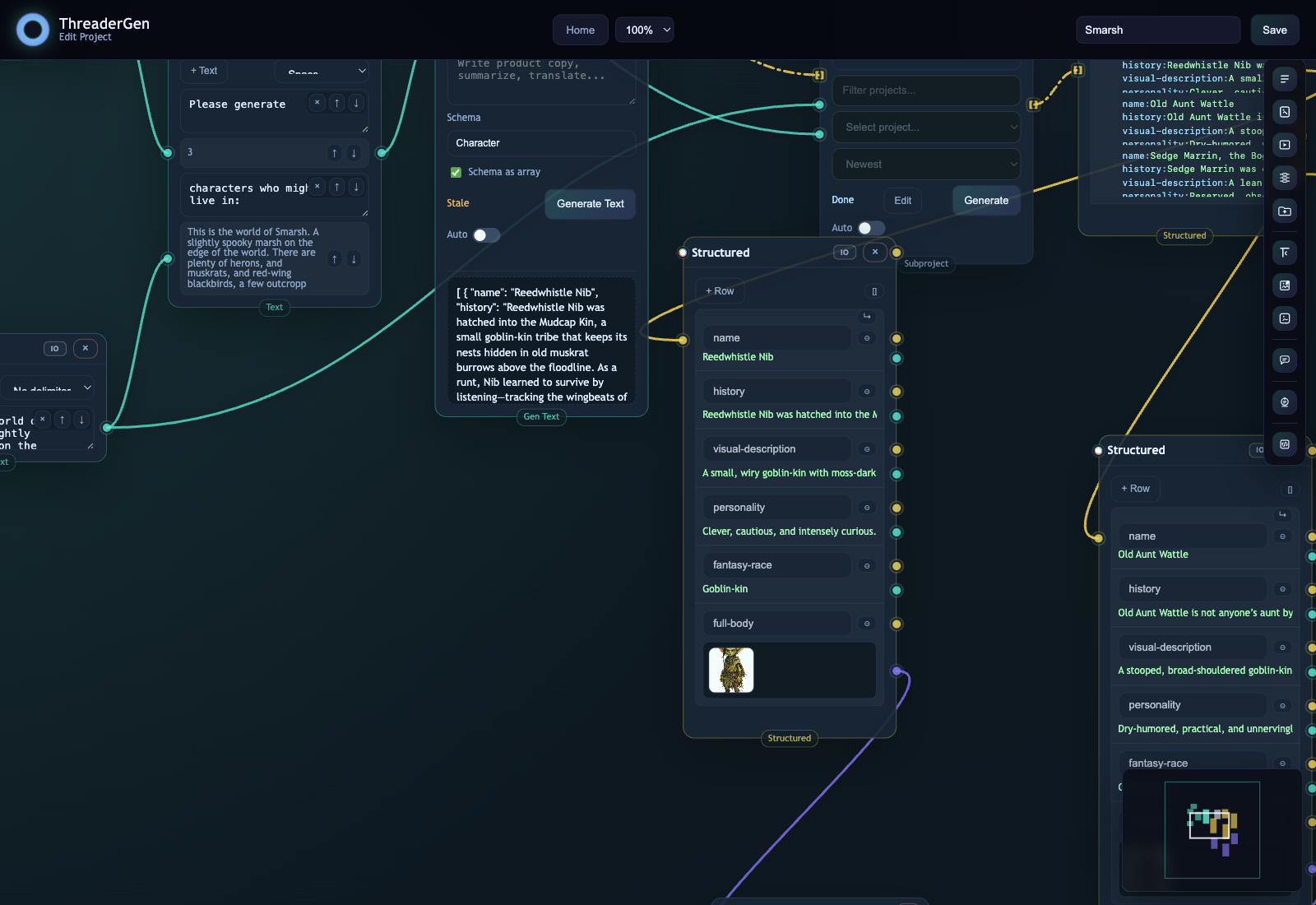 ThreaderGen graph workspace with connected nodes, structured data, and generated character artwork.